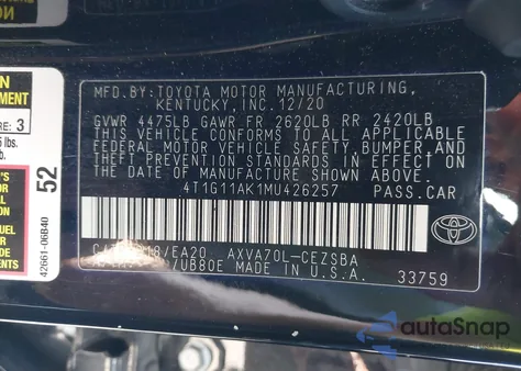 2021 Toyota Camry Se z USA, uszkodzony, nr VIN 4T1G11AK1MU426257